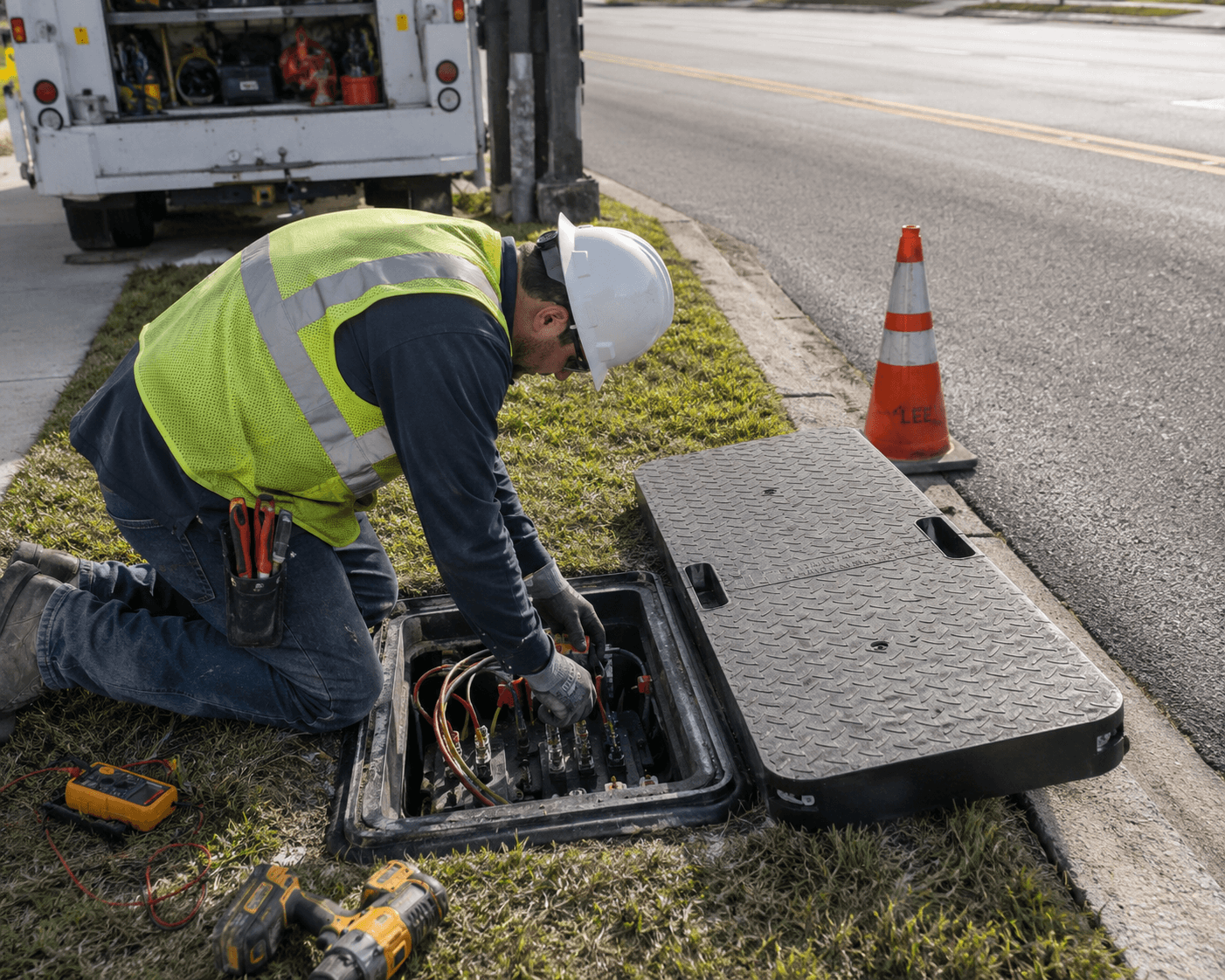 A man in a yellow high visibility vest working on cables in an inground electrical box on the side of the street.