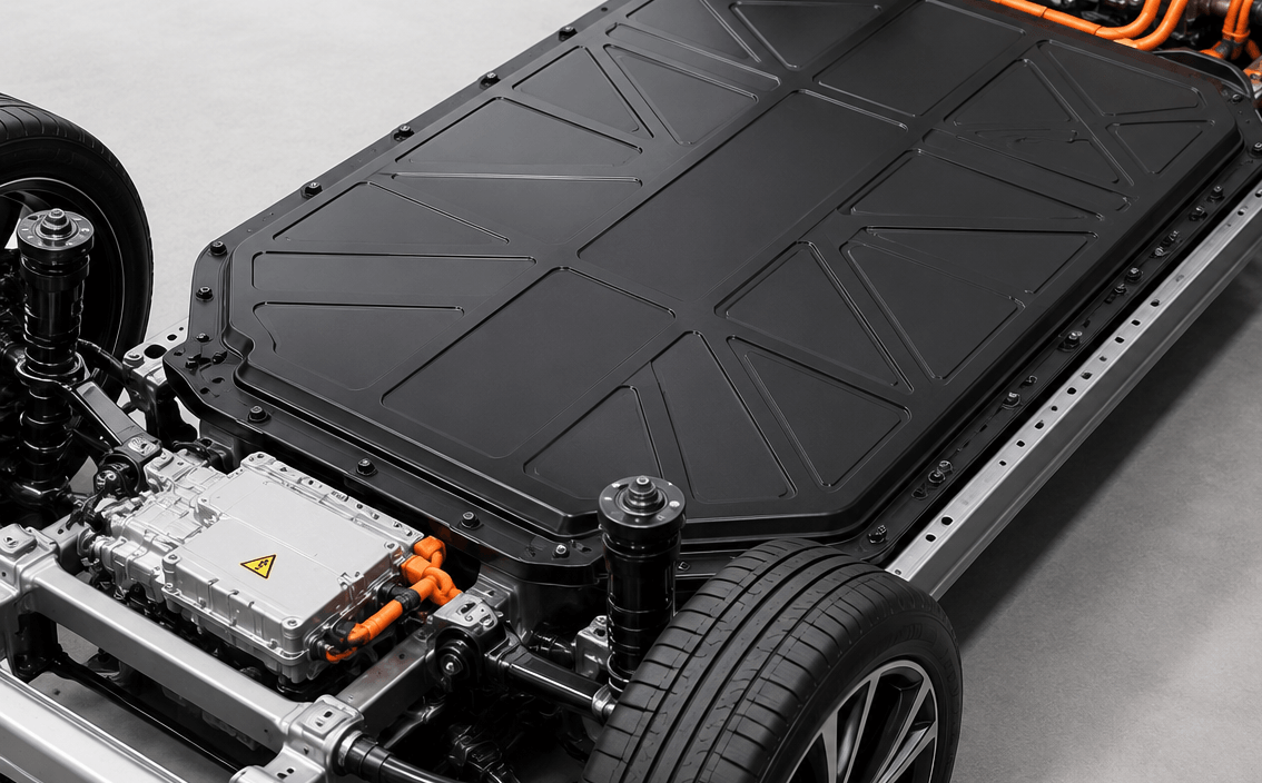 A picture of what an electrical vehicle's battery looks like under the hood of the car.