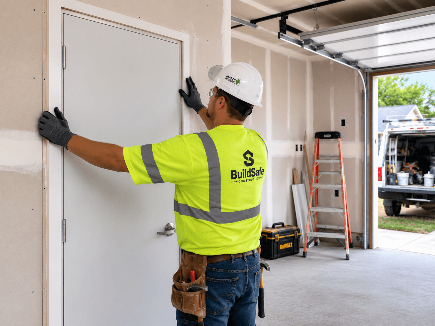 A person in a high visibility shirt installing an interior door into a residential garage.