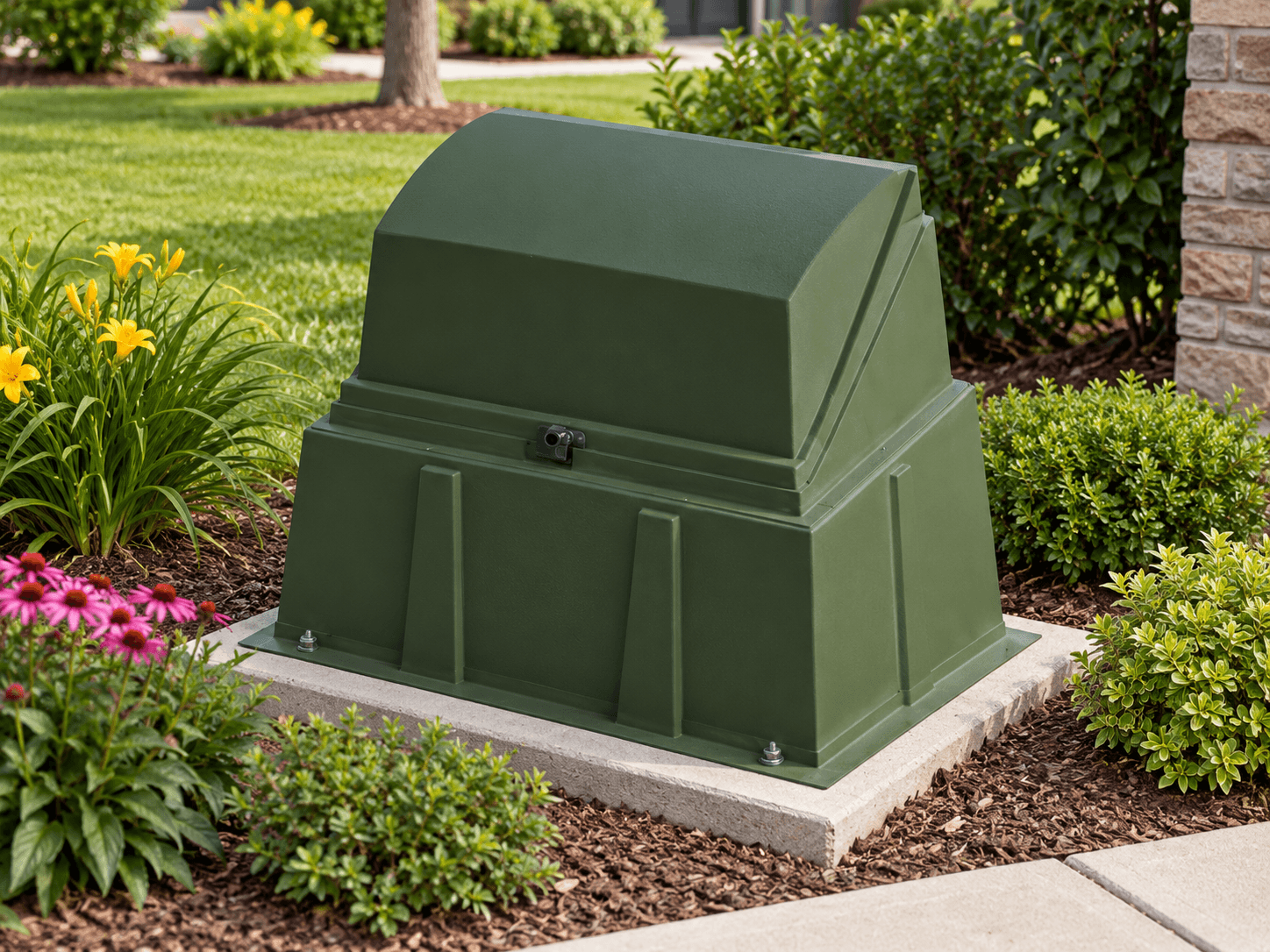 A green SMC electrical enclosure outdoors with greenery and flowers around it.