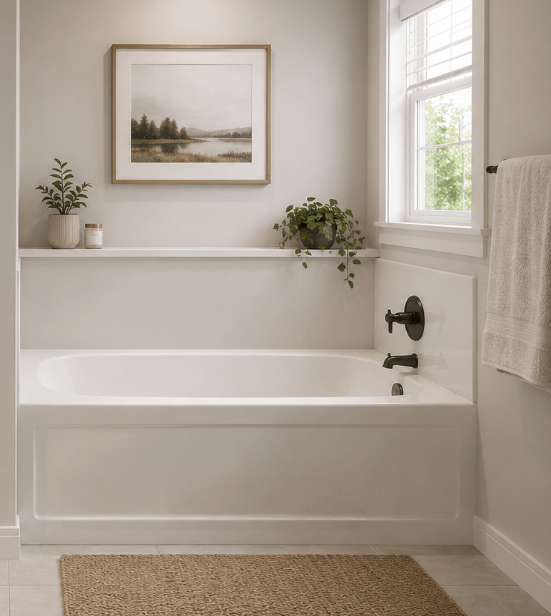 A photo of a residential bathroom that shows a white bathtub and a shelf above the bathtub with plants and a picture.