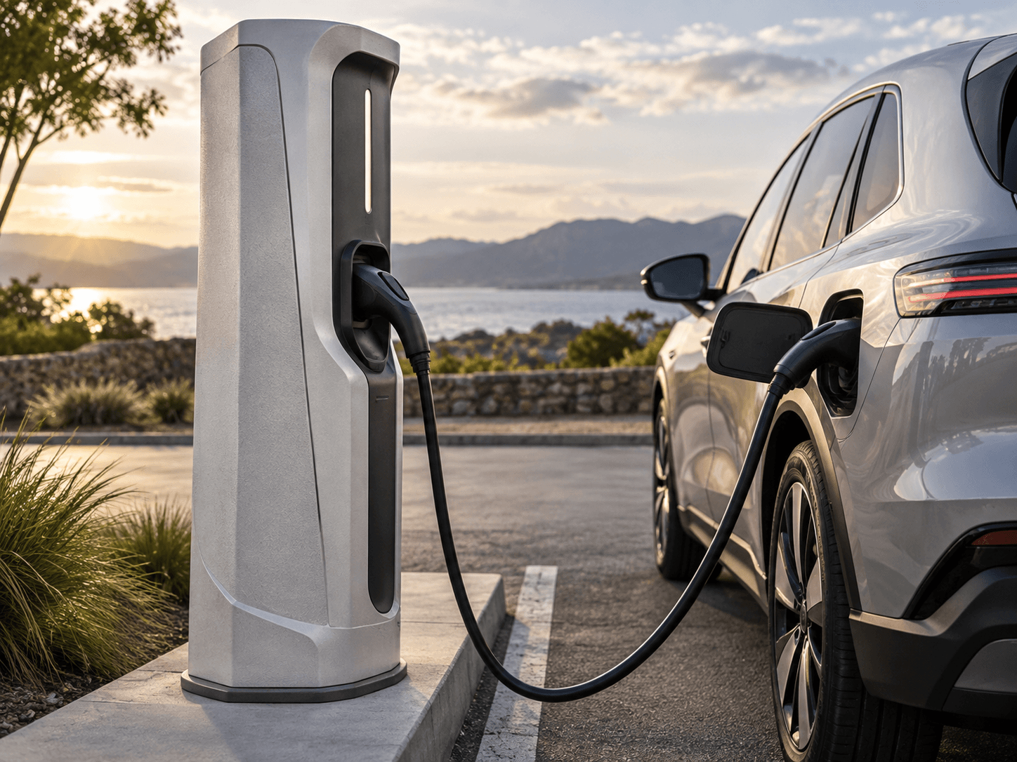 An EV charging station with a car plugged into it. The car is looking out onto a body of water.