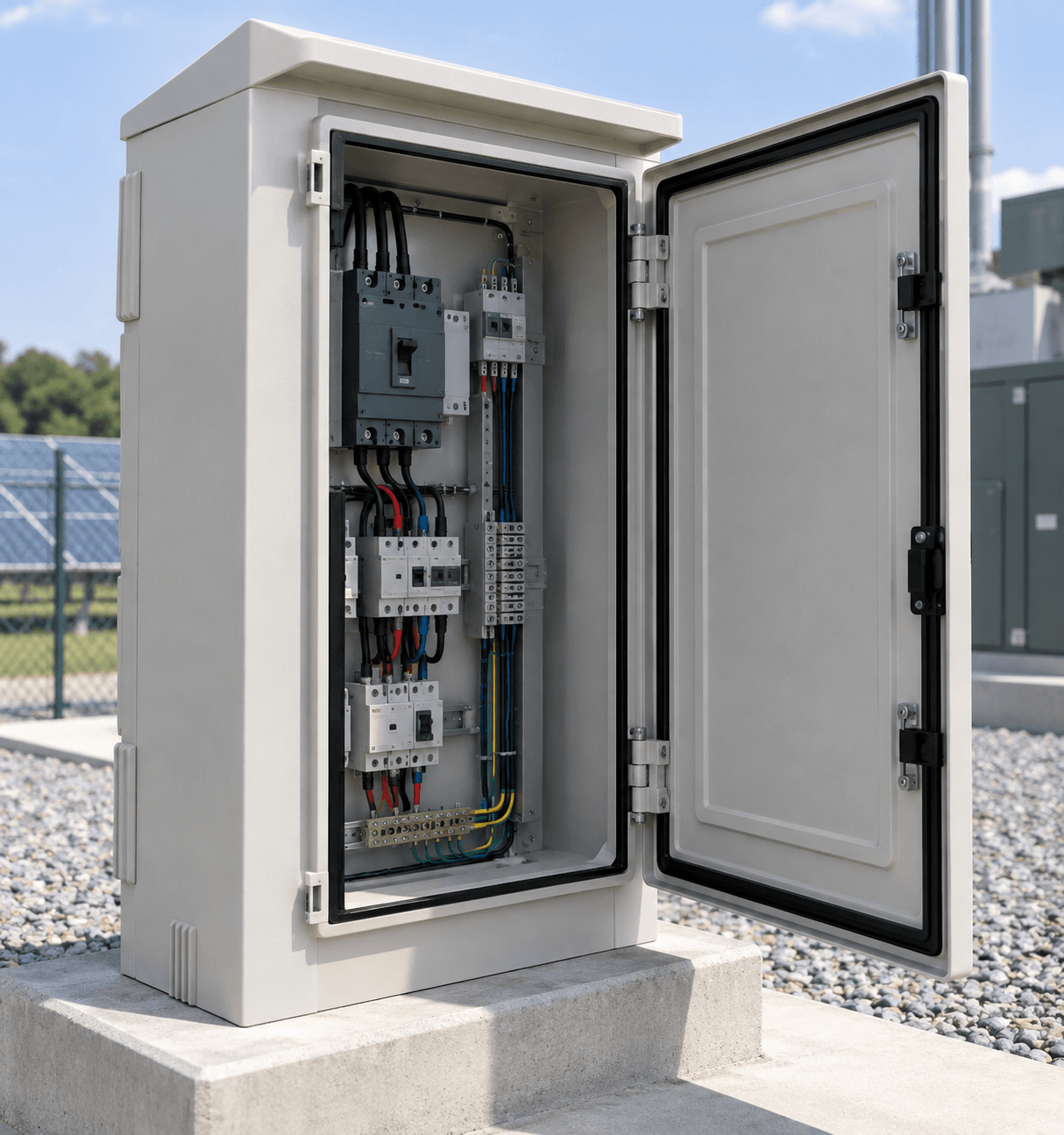 An electrical enclosure with the door open in the middle of a solar field.