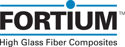 Fortium logo- Fortium in black uppercase letters with a blue dot over the i and two blue lines on top and bottom of Fortium with the words underneath "High Glass Fiber Composites"