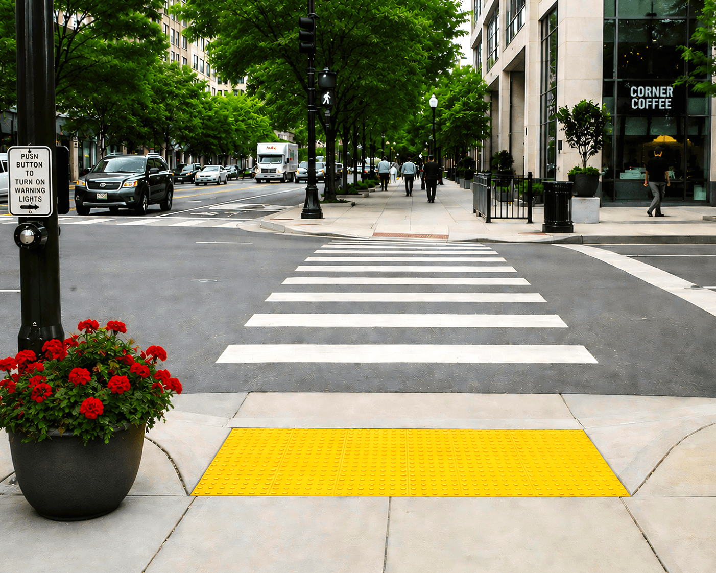 A city sidewalk street crossing with a potted plant on the left and a yellow ADA compliant tile before the white crossing in the street.