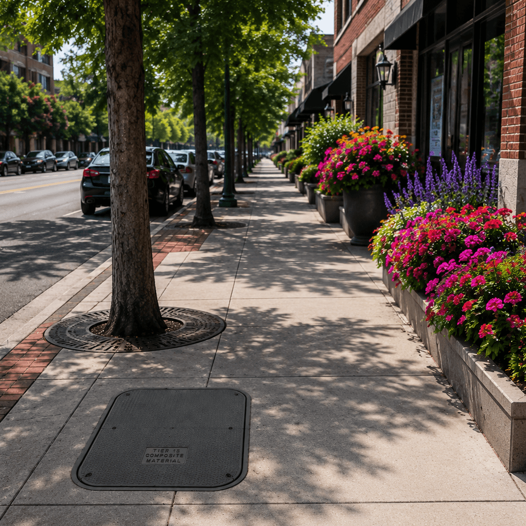 A city street with flowers on one side and trees on the other side with a tier 15 or tier 22 infrastructure box lid in the sidewalk.