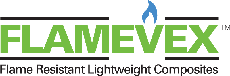 Flamevex logo name in green with a blue flame over the v and a black line on the top and bottom and underneath the words "Flame Resistant Lightweight Composites"