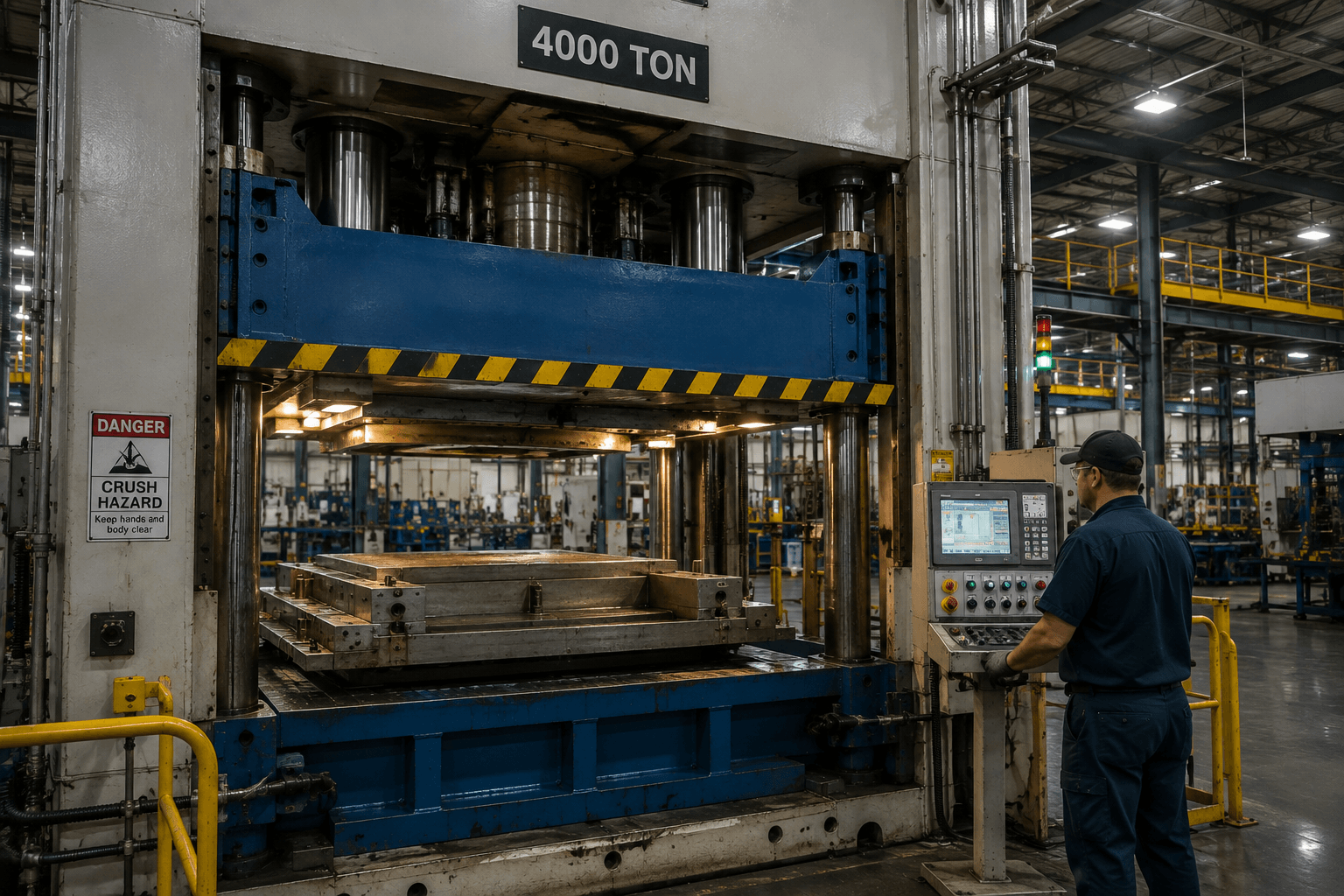 Picture of a person working on a 4000 ton industrial press.