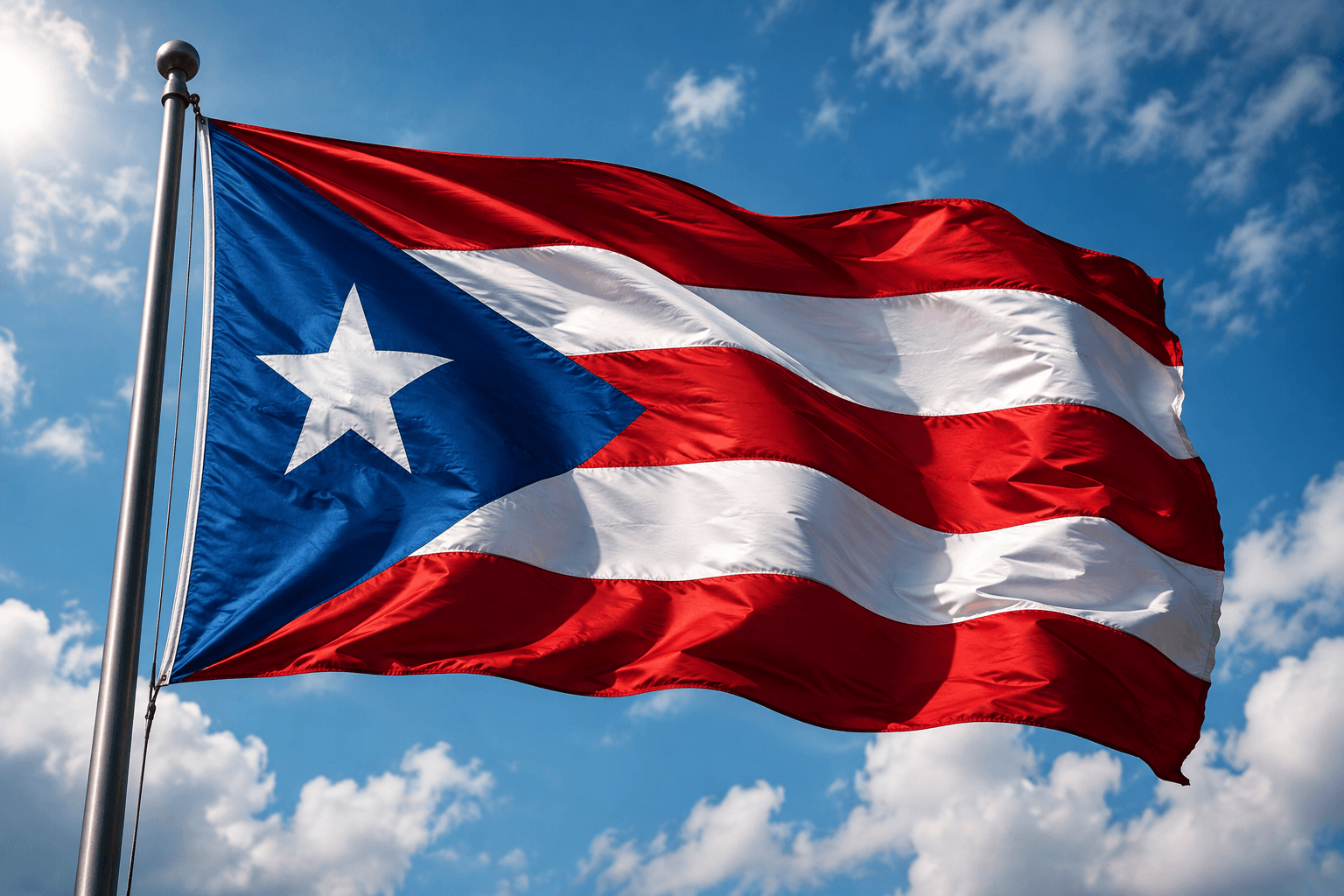 A picture of a Puerto Rico flag blowing in the wind with a blue sky in the background.