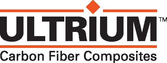 A logo for Ultrium carbon fiber composites with red lines and a square over the i in Ultrium
