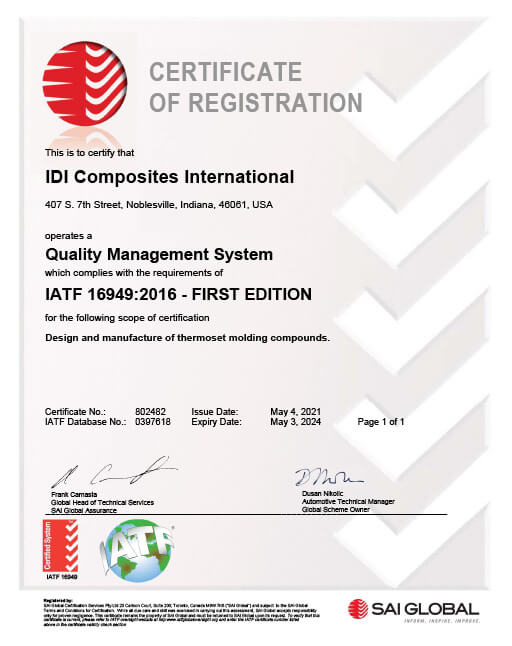 Certificate of Registration for IDI Composites International in the IATF Quality Management System.