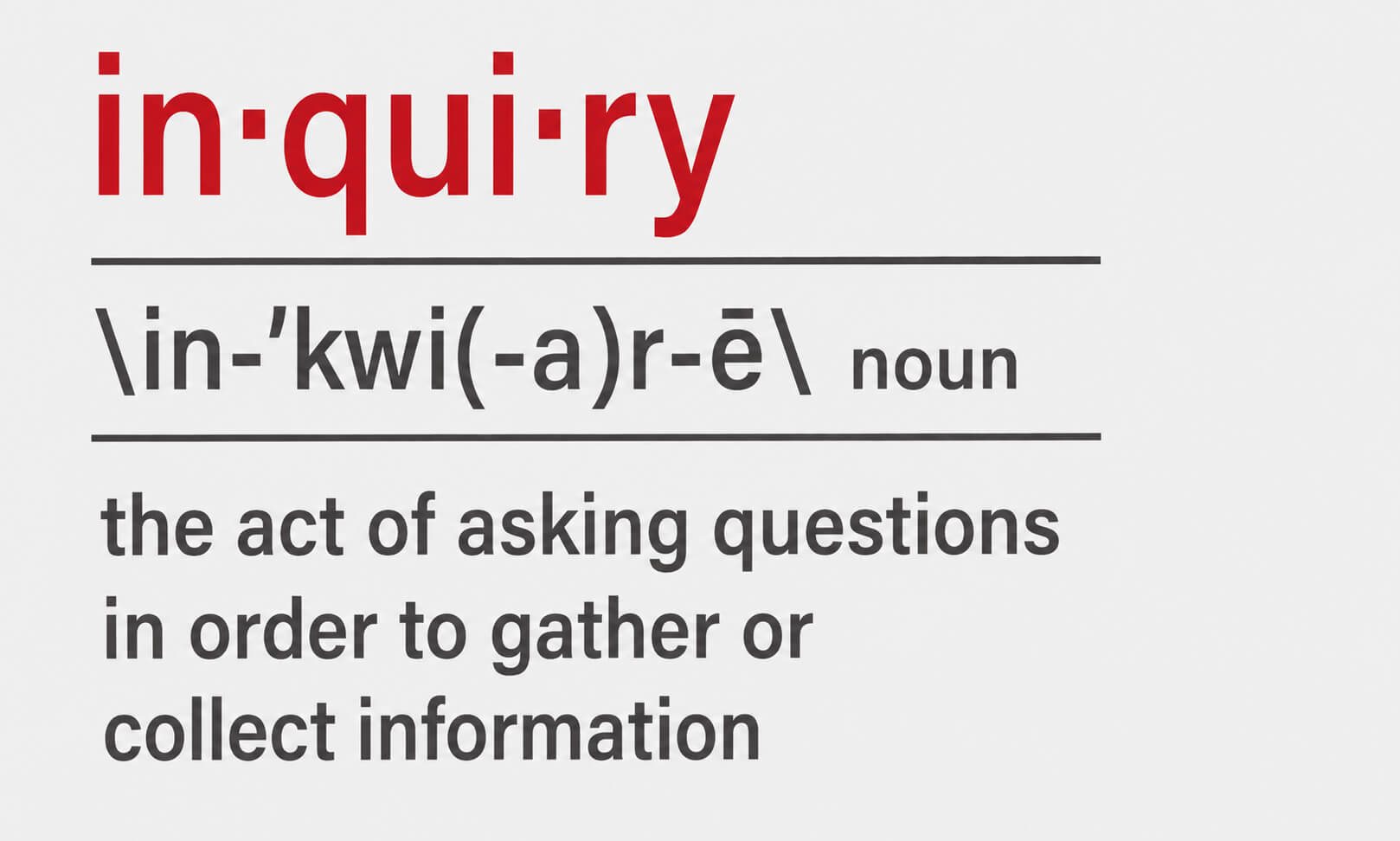a visual showing the definition of inquiry - the act of asking questions in order to gather or collect information
