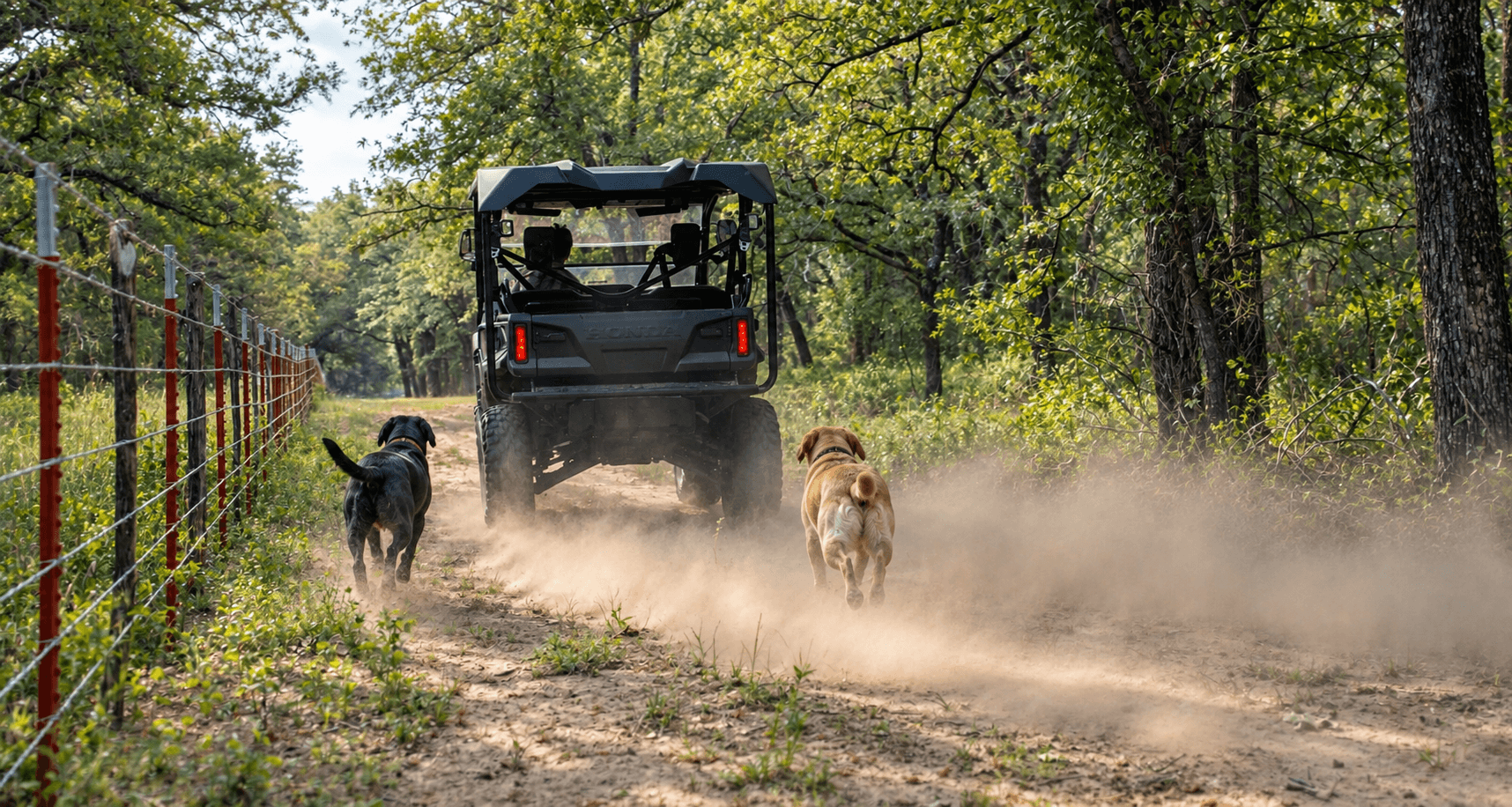 A recreational vehicle is driving on a dirt road with two dogs trotting behind it.